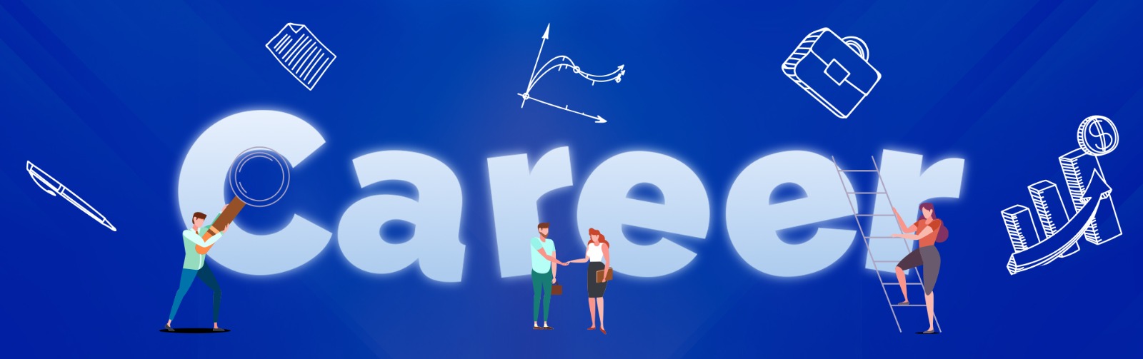 Large 'career' text with people collaborating and a magnified 'C' representing career growth and teamwork. (Illustrative)